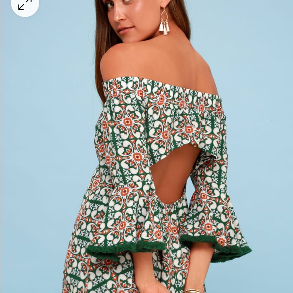 LULUS Wanderlust for Life Green Print Off-the-Shoulder Mini
Dress